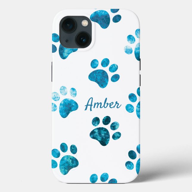 White Turquoise Textured Paw Print Personalised Case-Mate iPhone Case (Back)