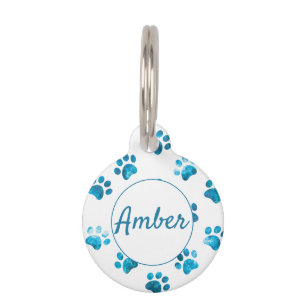 White Turquoise Textured Paw Print Personalised Pet Tag