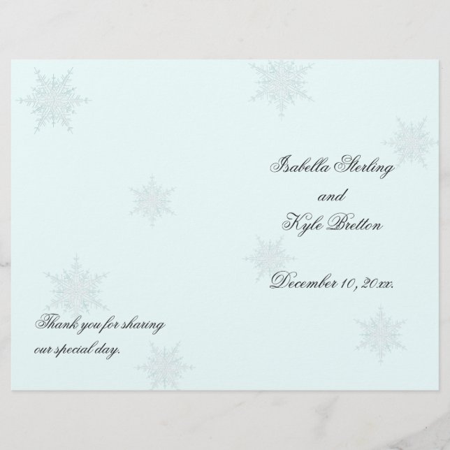 White/Turquoise Winter Snowflake Wedding Program (Front)