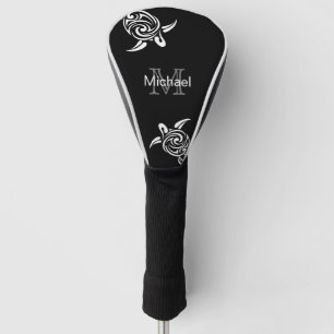 White Turtle Black Background Coastal Monogram  Golf Head Cover
