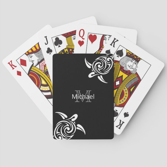 White Turtle Black Background Coastal Monogram Playing Cards (Back)