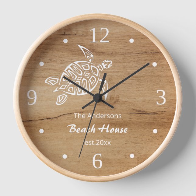 White Turtle Faux Wood Background Rustic Name Clock (Front)
