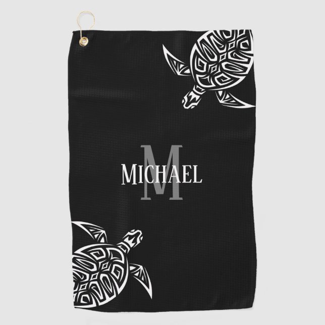 White Turtle Tribal Black Background Monogram   Ba Golf Towel (Front)