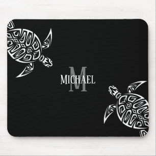White Turtle Tribal Black Background Monogram Mouse Mat