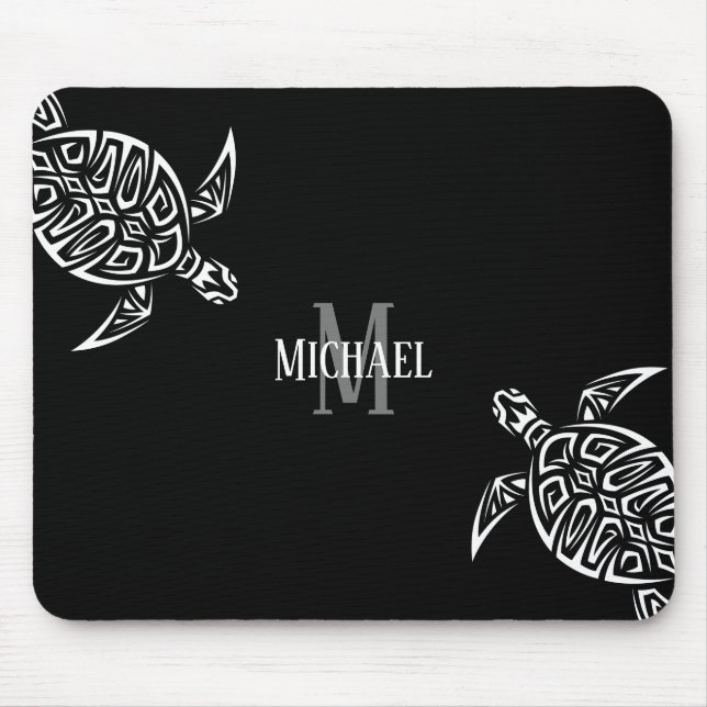 White Turtle Tribal Black Background Monogram Mouse Mat (Front)