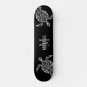 White Turtle Tribal Black Background Monogram   Skateboard