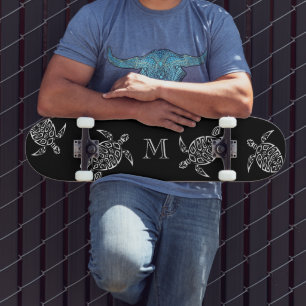 White Turtle Tribal Black Background Monogram   Skateboard
