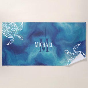 White Turtle Tribal Blue Watercolor Monogram Beach Towel