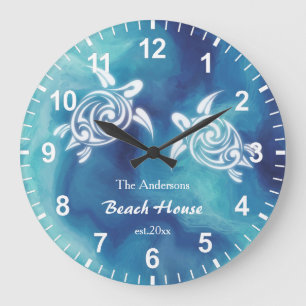 White Turtles Blue Ocean Watercolor Coastal Text  Large Clock
