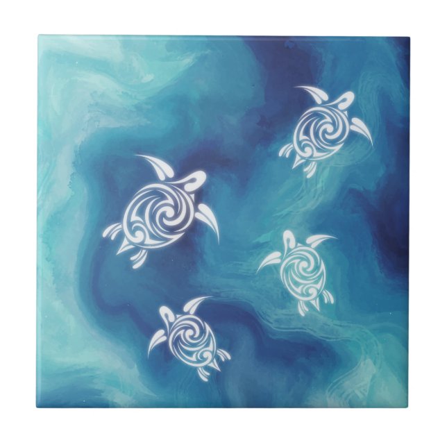 White Turtles Blue Ocean Watercolor Coastal Tile (Front)