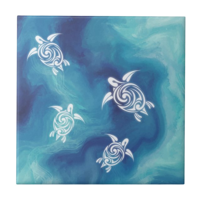 White Turtles Blue Ocean Watercolor Coastal Tile (Front)