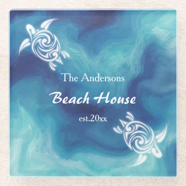 White Turtles Blue Ocean Watercolor Custom Text  Glass Coaster (Front)
