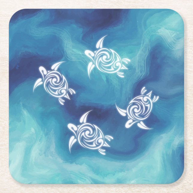 White Turtles Blue Ocean Watercolor Square Paper Coaster (Front)