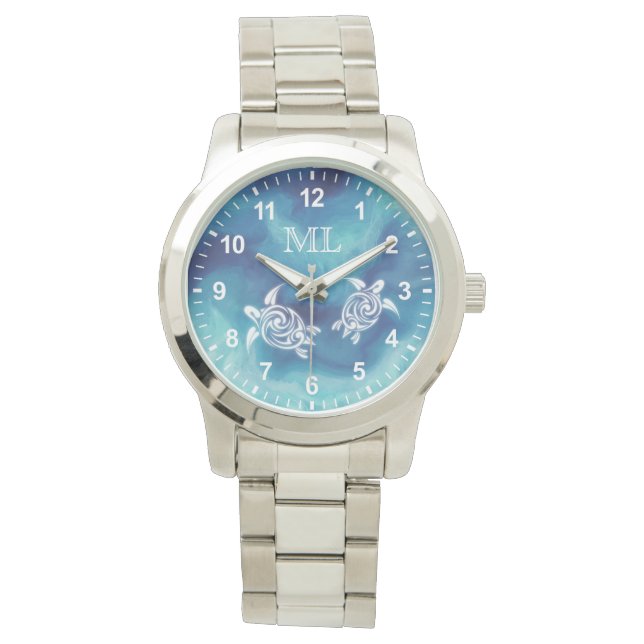 White Turtles in Blue Ocean Watercolor Monogram Watch (Front)