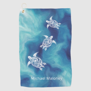 White Turtles in Blue Ocean Watercolor Your Name Golf Towel