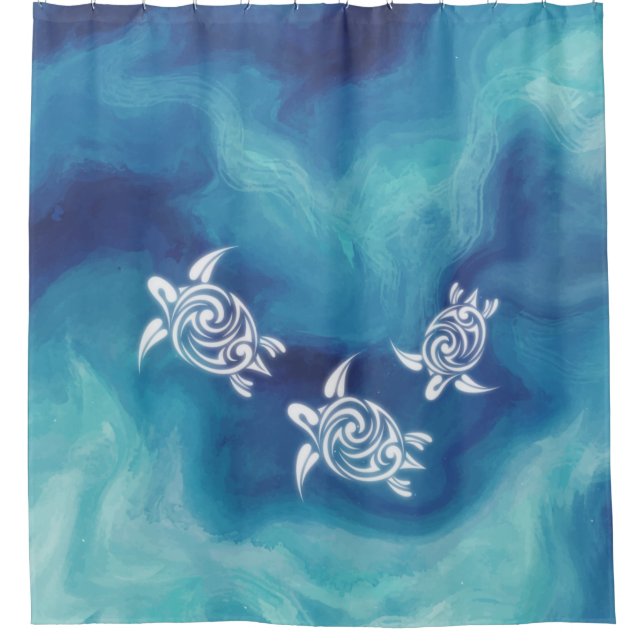 White Turtles in Blue Watercolor Ocean Coastal Shower Curtain (Front)