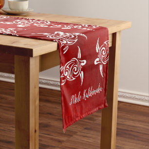 White Turtles  Red   Mele Kalikimaka Short Table Runner