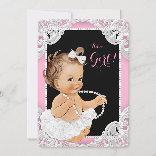 White Tutu Pink Black Pearl Baby Girl Shower Invitation (Front)