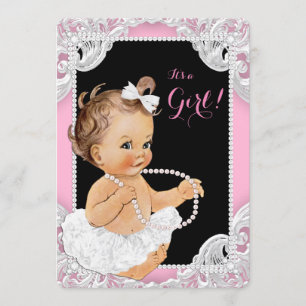 White Tutu Pink Black Pearl Baby Girl Shower Invitation