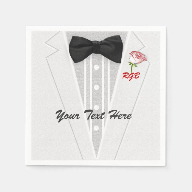 White Tuxedo Monogram with Rose Napkin (Front)