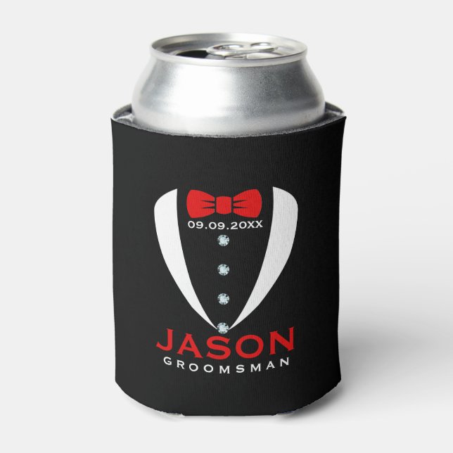White Tuxedo Red BowTie & Groomsman Text Can Cooler (Can Front)