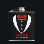 White Tuxedo Red BowTie & Groomsman Text Hip Flask<br><div class="desc">Elegant modern white tuxedo with red tie and black and dark-grey stripes background. Customisable groomsman name.</div>