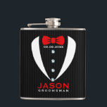 White Tuxedo Red BowTie & Groomsman Text Hip Flask<br><div class="desc">Elegant modern white tuxedo with red tie and black and dark-grey stripes background. Customisable groomsman name.</div>