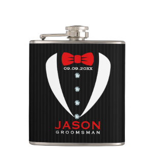 White Tuxedo Red BowTie & Groomsman Text Hip Flask