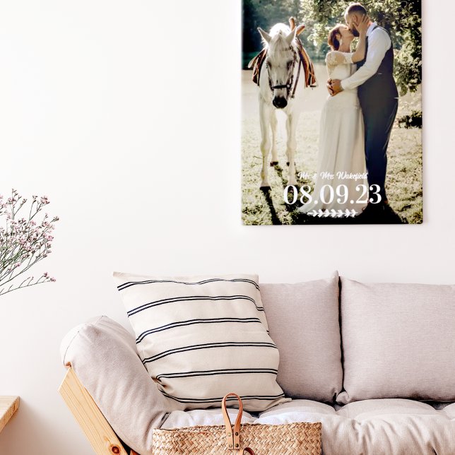 White Twig Mr & Mrs Wedding Date Photo Canvas Print (Creator Uploaded)