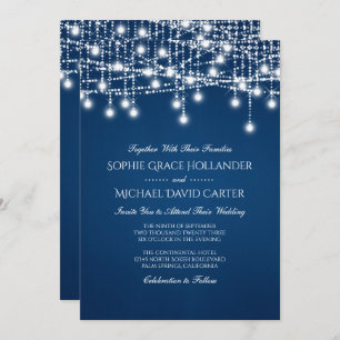 White Twinkle String Lights on Blue Invitation