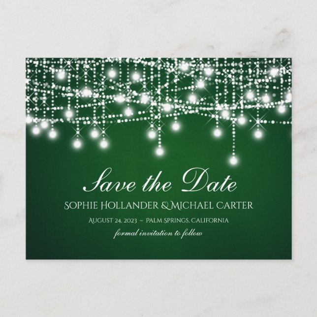 White Twinkle String Lights on Green Postcard (Front)