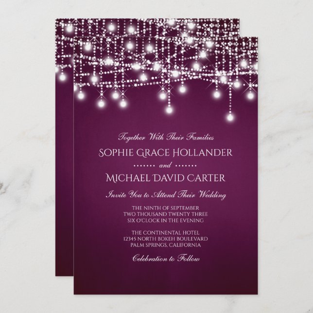 White Twinkle String Lights on Merlot Invitation (Front/Back)