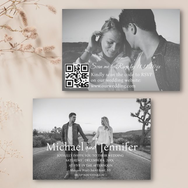  white typography  2 photos qr code rsvp wedding invitation (Creator Uploaded)