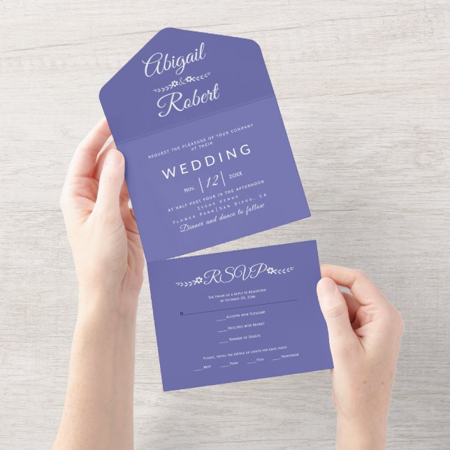 White typography and small flowers periwinkle blue all in one invitation (Tearaway)