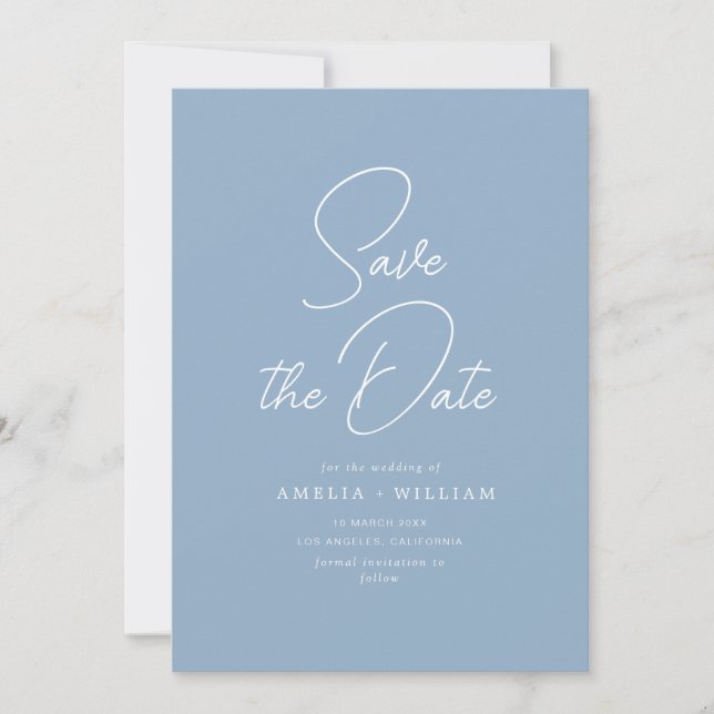 white typography dusty blue wedding save the date (Front)