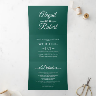 White typography evergreen photo wedding  Tri-Fold invitation