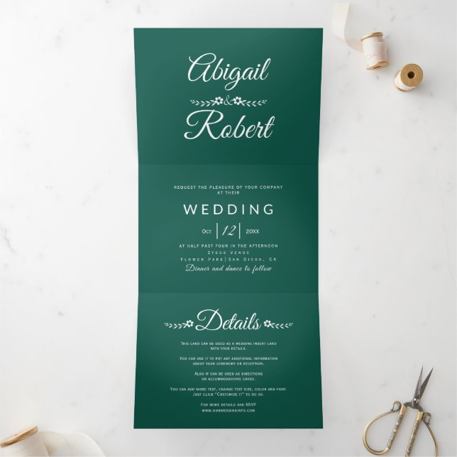 White typography evergreen photo wedding  Tri-Fold invitation (Inside)