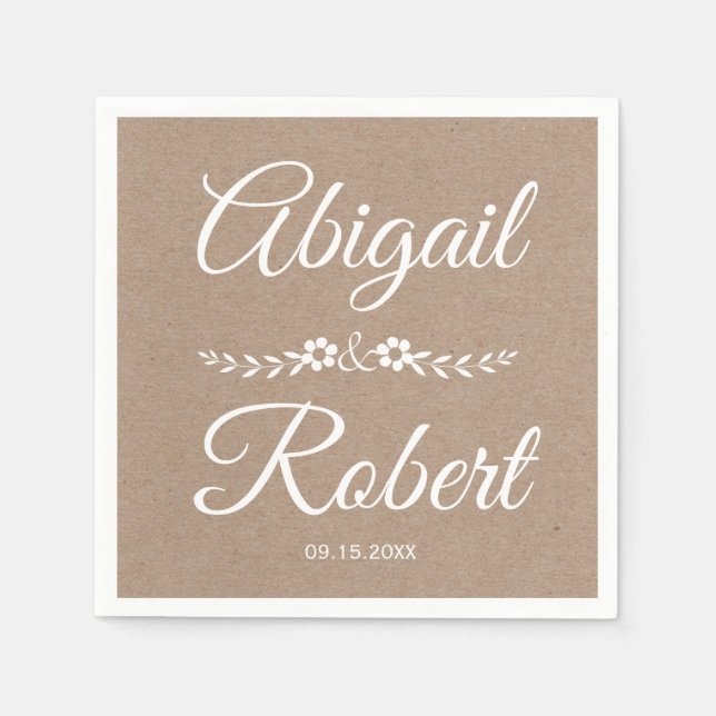 White typography kraft paper rustic wedding napkin (Front)