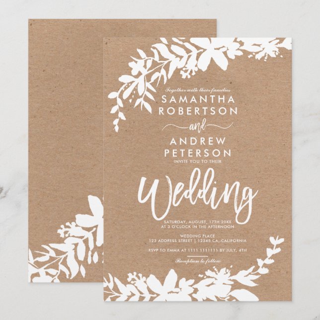 White typography leaf floral rustic kraft wedding invitation (Front/Back)