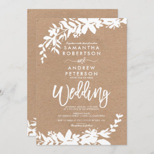 White typography leaf floral rustic kraft wedding invitation