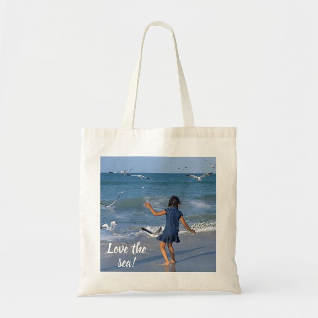 White Typography Love the Blue Sea Photo Tote Bag (Front)