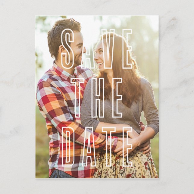 White Typography Overlay Photo Save the Date Announcement Postcard (Front)