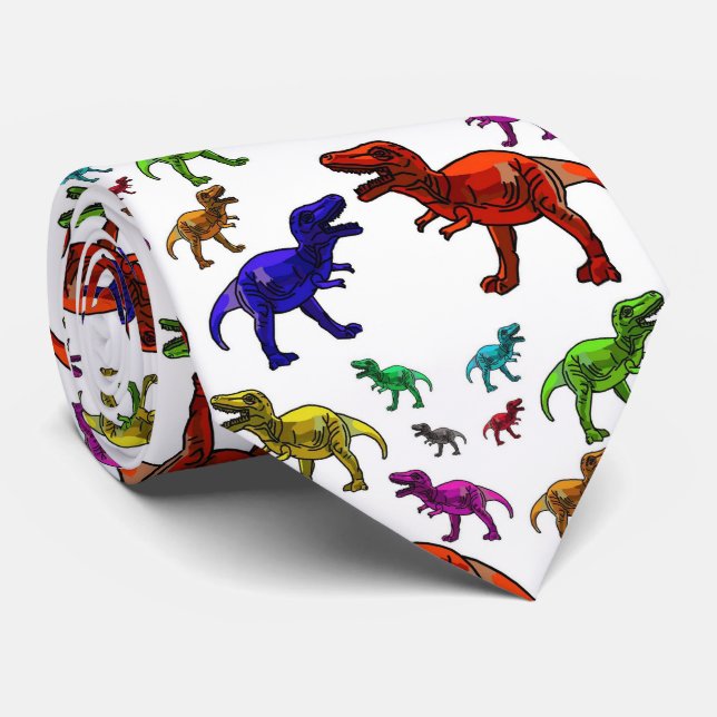 White Tyrannosaurus T Rex Rainbow Dinosaurs Tie (Rolled)
