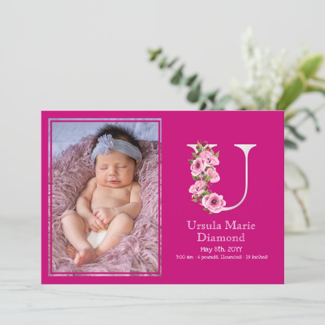 White U Monogram Birth Stats Baby Girl Photo Announcement (Standing Front)