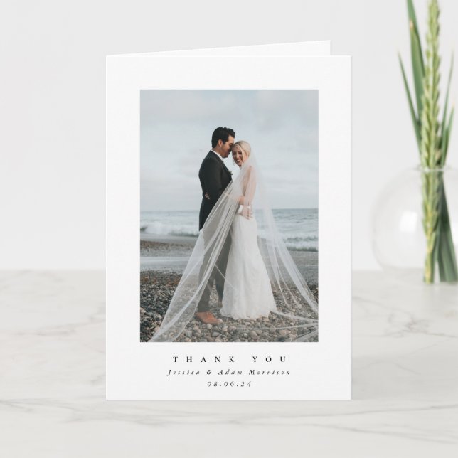 White Ultra Minimal Single Photo Wedding Thank You Card (Front)