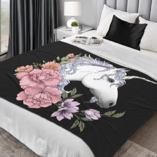 White Unicorn and Flowers Fleece Blanket