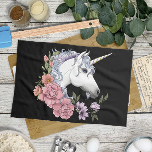 White Unicorn and Flowers Tea Towel