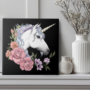 White Unicorn and Flowers Tile