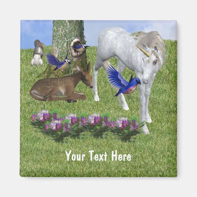 White Unicorn And Forest Friends Magnet (Front)