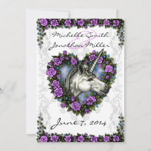 White Unicorn and Purple Rose Heart Invitation